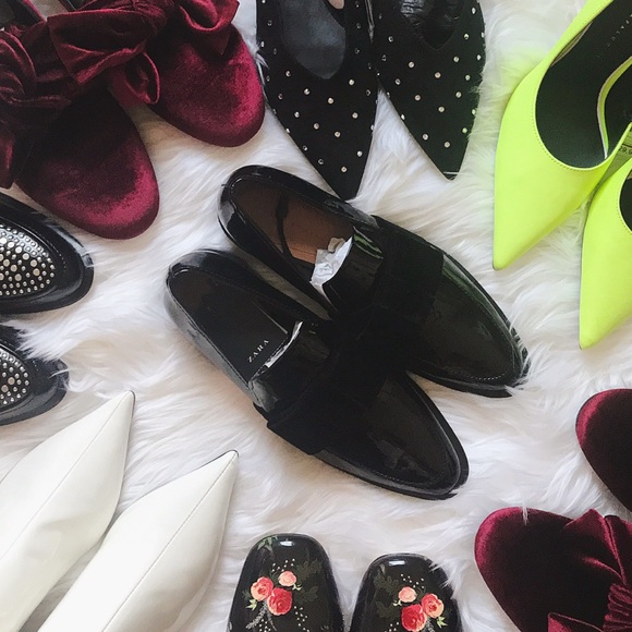 NWT Zara Faux Patent Leather Velvet Bow Loafers - Picture 6 of 7